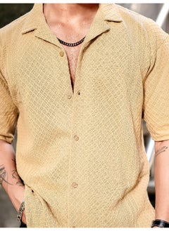 Maniac Mens Solid Textured 3/4th Sleeve Beige Poly Jacquard Fabric Shirt  - Image 5