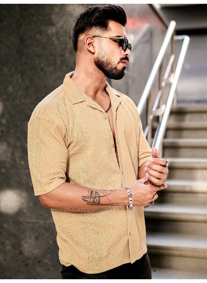 Maniac Mens Solid Textured 3/4th Sleeve Beige Poly Jacquard Fabric Shirt  - Image 4