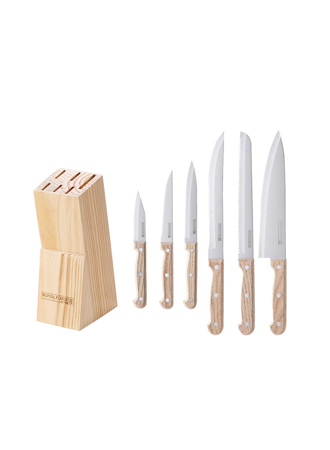 Royalford Kitchen Knife Set- RF12264/ Pack of 7, Includes Chef, Bread, Slicer, Utility, Steak and Paring Knife/ Stylish Pinewood Holder, Ergonomic Design Multicolor - Image 1