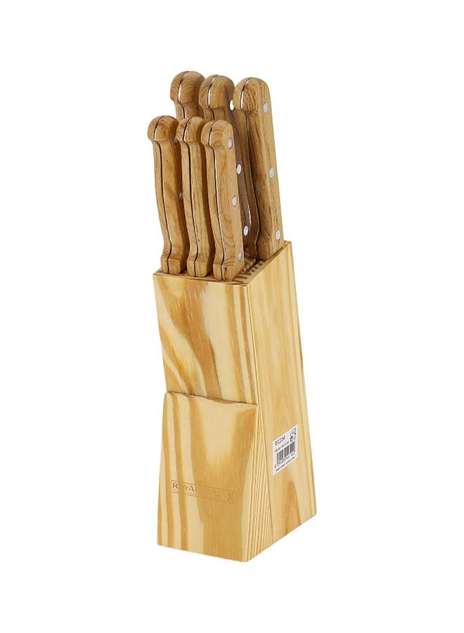 Royalford Kitchen Knife Set- RF12264/ Pack of 7, Includes Chef, Bread, Slicer, Utility, Steak and Paring Knife/ Stylish Pinewood Holder, Ergonomic Design Multicolor - Image 4