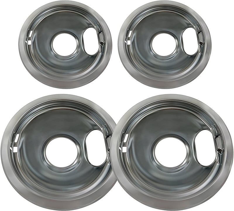 TITISKIN 4 Pack Chrome Reflector Bowls Universal Drip Pan Kits Gas Stove Burner Rings Replacement for Amana Crosley Frigidaire Maytag Whirlpool Two 6Inch and Two 8Inch 