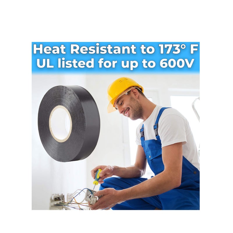 SOLARAE شريط كهربائي أسود بحجم كبير 10 عبوة، لفات ضخمة بطول 60 قدم من PVC الفينيل بعرض 3/4 بوصة مع لاصق مقاوم للعوامل الجوية. يتحمل درجات الحرارة العالية للاستخدام الكهربائي في السيارات. - Image 2