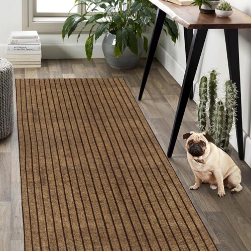 Weidear Hallway Runner Rug with Rubber Backing, Laundry Room Rug Non Slip, Washable Outdoor Indoor Rug Carpet Runner, Customized Area Rugs Mat for Entryway, Balcony, Deck-2FT x 6FT, Brown Stripe - Image 1