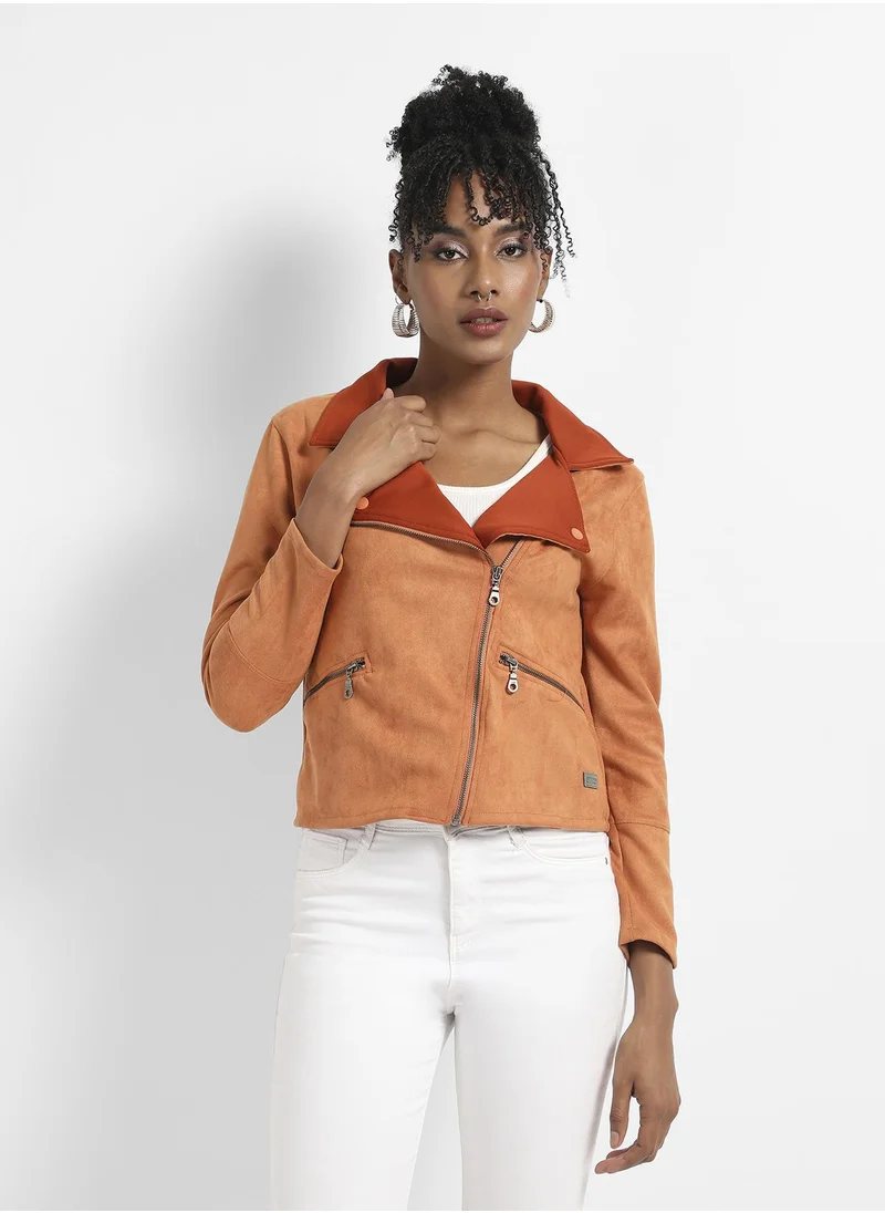 Campus Sutra Women's Brown Zip-Front Biker Jacket With Contrast Collar