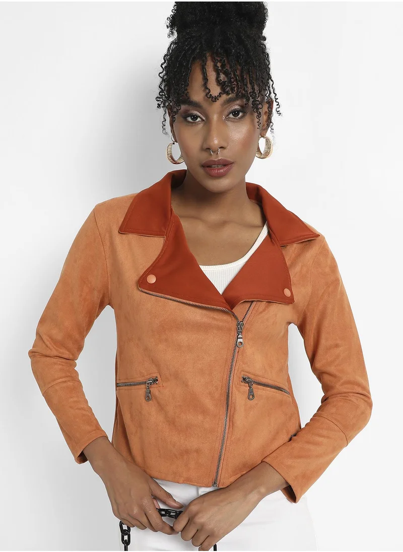 Campus Sutra Women's Brown Zip-Front Biker Jacket With Contrast Collar