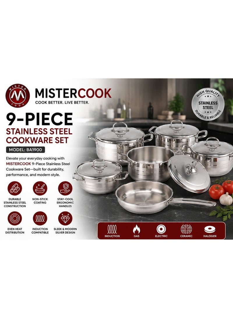 mister cook MISTERCOOK 9-Piece Stainless Steel Cookware Set – Model BA1900 (Induction Compatible) - Image 1