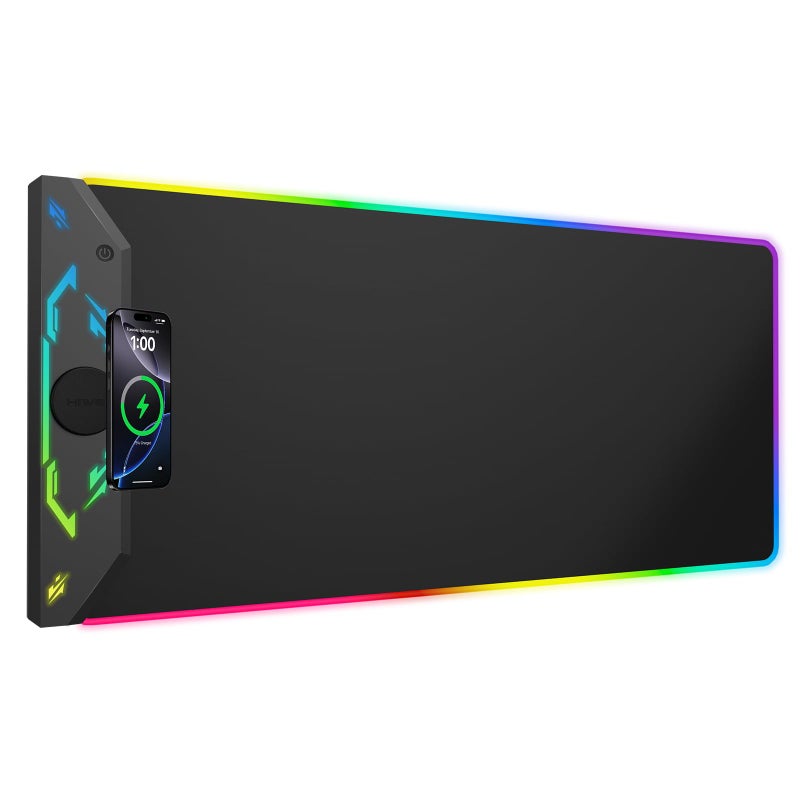 HiWe Gaming Mouse Pad RGB 35x158 Large Keyboard Desk Mat with Magnetic Wireless Charging for iPhone 24 Light Effects NonSlip Base Waterproof UltraSmooth Surface with Adapter Black - Image 2