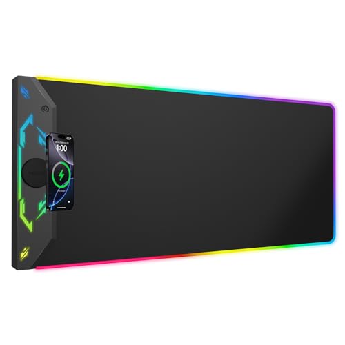 HiWe Gaming Mouse Pad RGB 35x158 Large Keyboard Desk Mat with Magnetic Wireless Charging for iPhone 24 Light Effects NonSlip Base Waterproof UltraSmooth Surface with Adapter Black - Image 1
