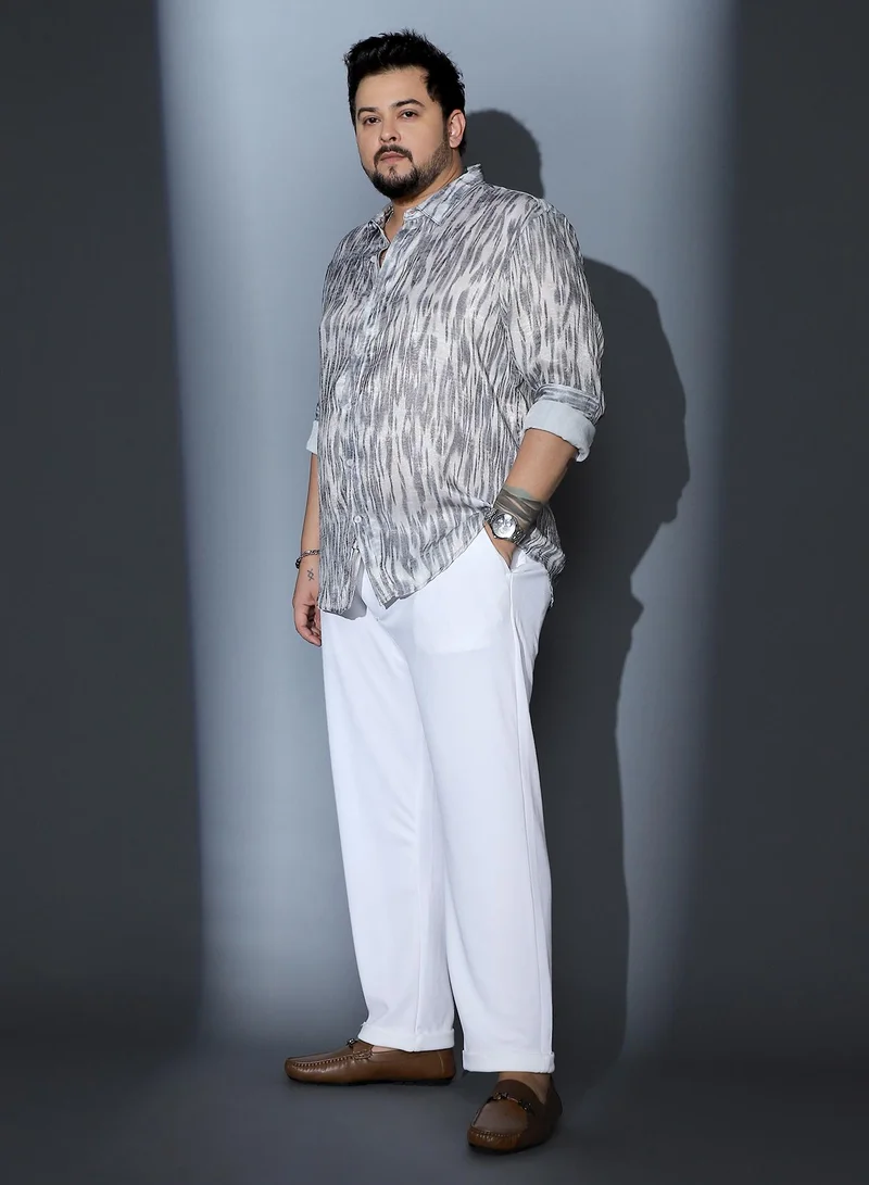 انستافاب بلس Instafab Plus Men Contrast-Brush Imprint Shirt | Spread Collar , Long Cuffed Sleeves | Button Closure , Curved Hem | Abstract Print Woven Fabric For Street & Casual Wear | Charcoal Grey
