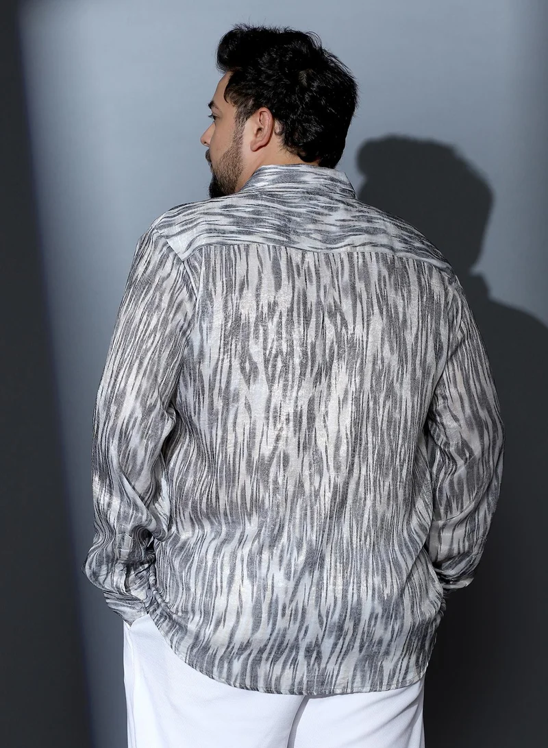 انستافاب بلس Instafab Plus Men Contrast-Brush Imprint Shirt | Spread Collar , Long Cuffed Sleeves | Button Closure , Curved Hem | Abstract Print Woven Fabric For Street & Casual Wear | Charcoal Grey