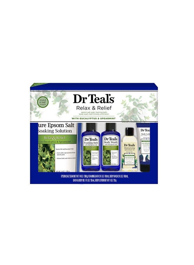 Dr Teal's Eucalyptus & Spearmint Relax & Relief Full Regimen 5-Piece Gift Set (Epsom Salt Soaking Solution, Foaming Bath, Body Wash, Moisturizing Bath & Body Oil, Body Lotion) - Image 1