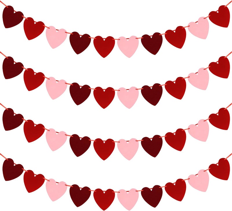 Heartome 4 PCS Horizontal Heart Banner, Felt Valentines Day Decoration, Red Pink Wine Red Heart Garland Indoor Outdoor Romantic Party Decor - Image 1