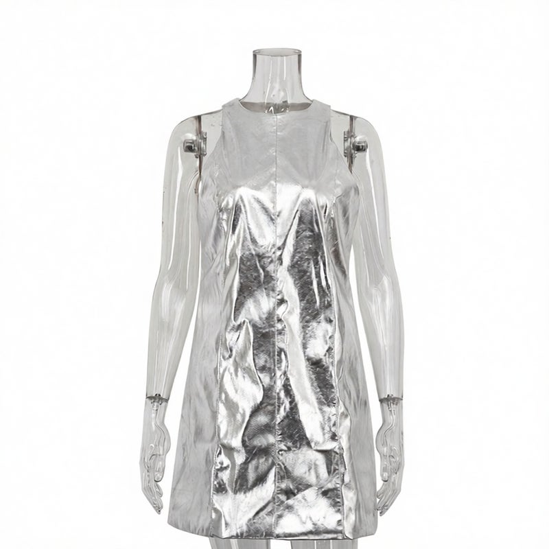 Women's Reflective PU Leather Nightclub Sleeveless Mini Dress - Image 2
