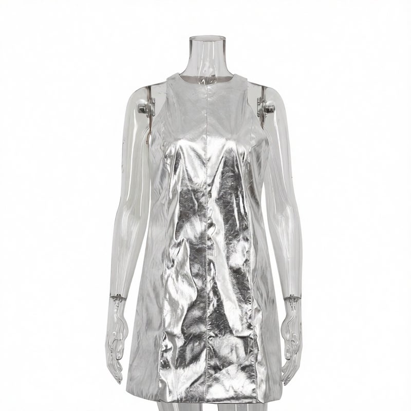 Women's Reflective PU Leather Nightclub Sleeveless Mini Dress - Image 3