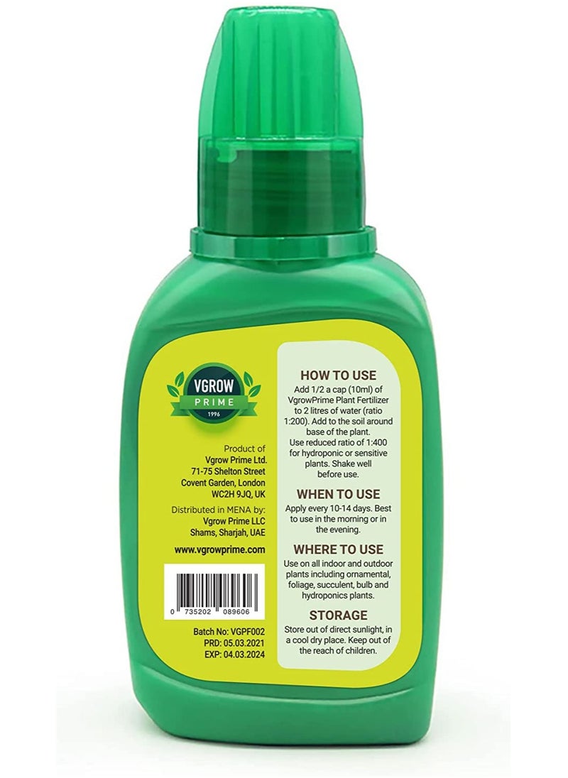 VGROW PRIME - Vgrow Plant Fertilizer, All Purpose Liquid Nutrient Solution for all Types of Outdoor and Indoor Plants, Concentrate 250ml - Image 1