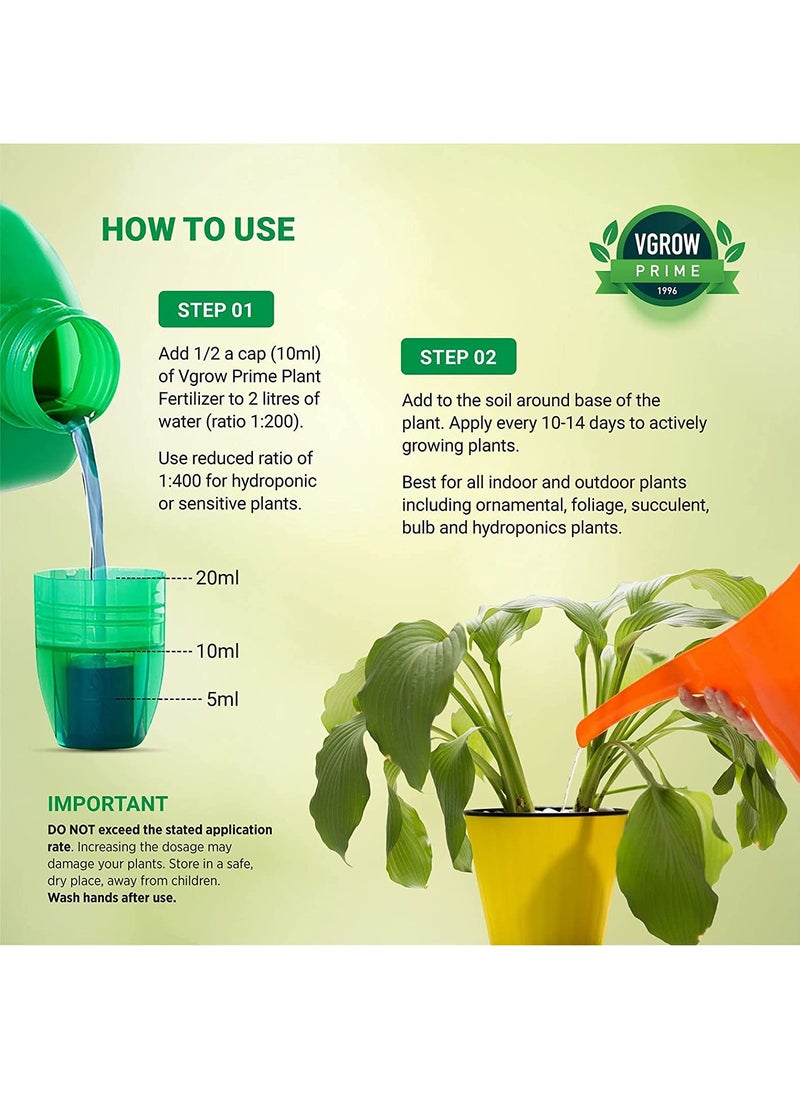 VGROW PRIME - Vgrow Plant Fertilizer, All Purpose Liquid Nutrient Solution for all Types of Outdoor and Indoor Plants, Concentrate 250ml - Image 1