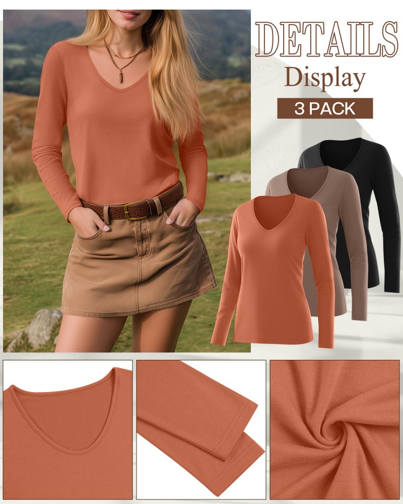 Ficerd 3 Pack Women's Long Sleeve T Shirts, V Neck Basic Tops Fall Casual Trendy Tees Loose Fit Soft Clothes Outfits(Black, Mocha, Sunset Orange,Large) - Image 5