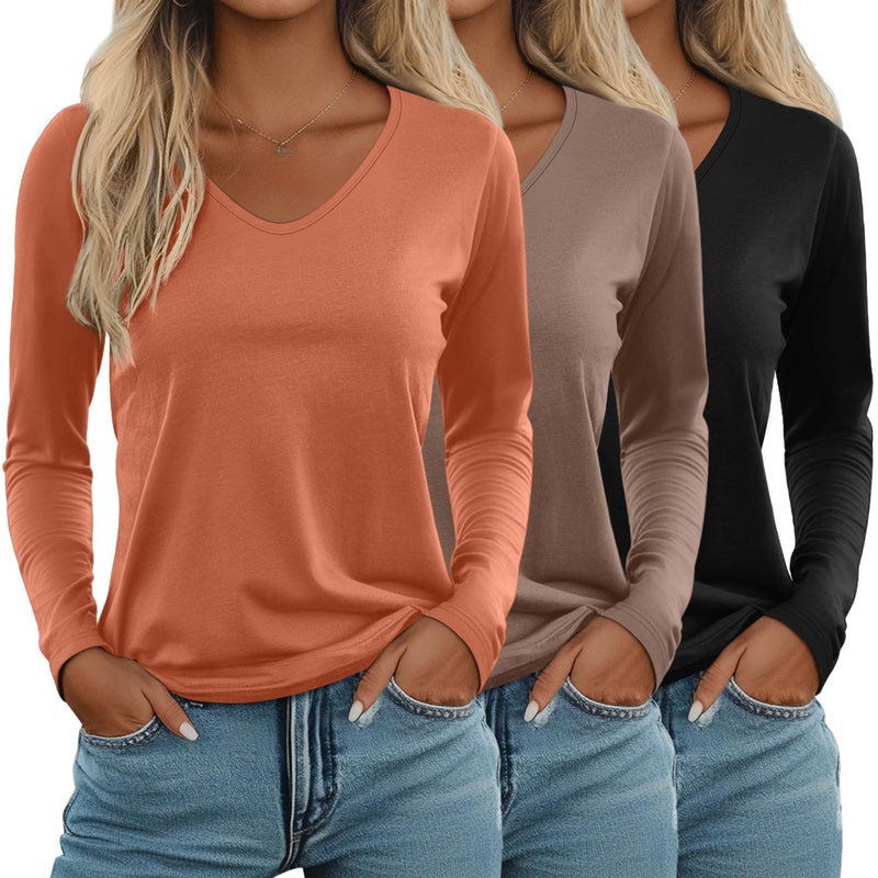 Ficerd 3 Pack Women's Long Sleeve T Shirts, V Neck Basic Tops Fall Casual Trendy Tees Loose Fit Soft Clothes Outfits(Black, Mocha, Sunset Orange,Large) - Image 1