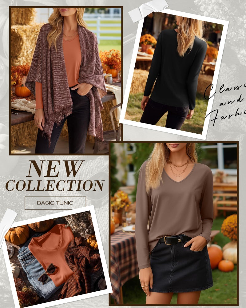 Ficerd 3 Pack Women's Long Sleeve T Shirts, V Neck Basic Tops Fall Casual Trendy Tees Loose Fit Soft Clothes Outfits(Black, Mocha, Sunset Orange,Large) - Image 2