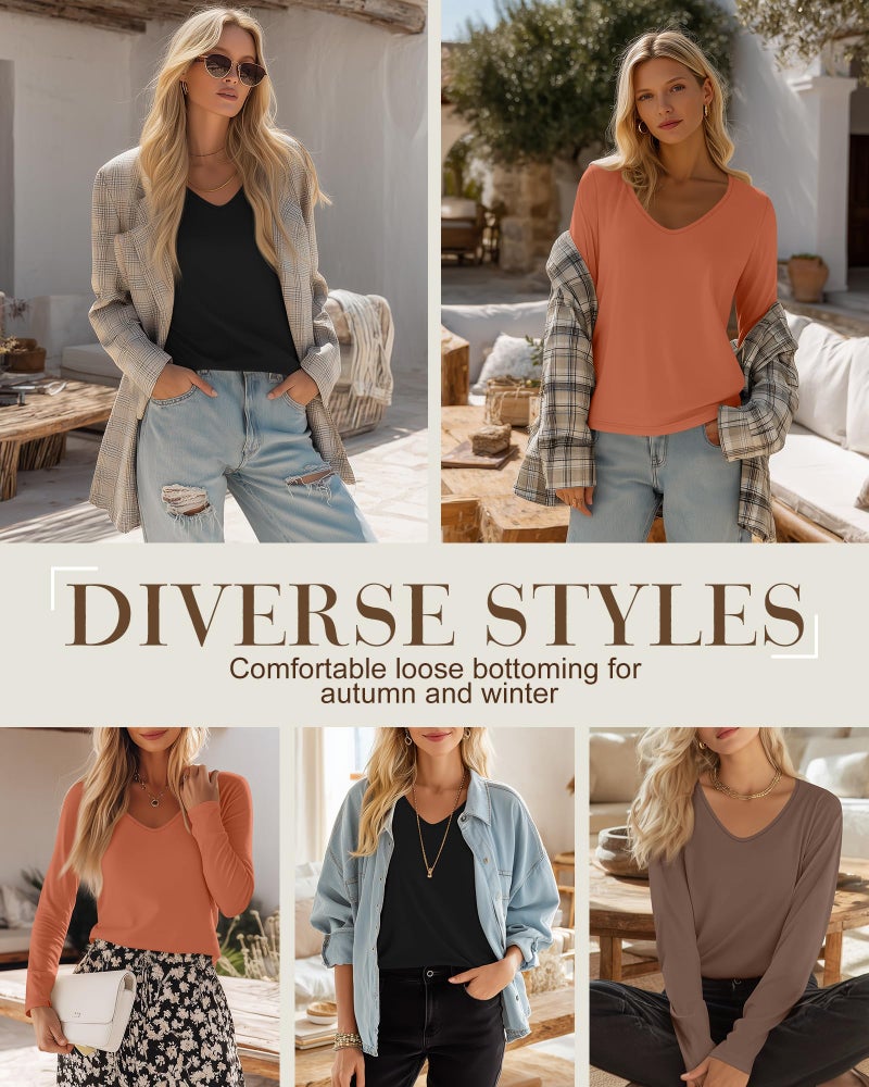 Ficerd 3 Pack Women's Long Sleeve T Shirts, V Neck Basic Tops Fall Casual Trendy Tees Loose Fit Soft Clothes Outfits(Black, Mocha, Sunset Orange,Large) - Image 3