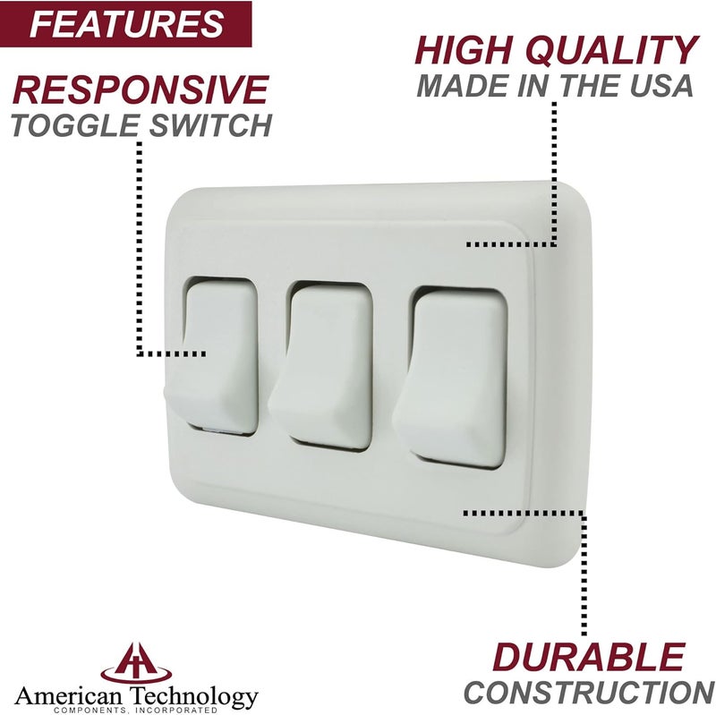American Technology Components Triple SPST On-Off Switch with Bezel, 12-Volt, for RV, Trailer, Camper (White) - Image 3