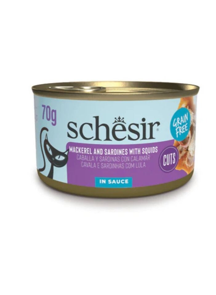 شيسر شيسير جريل طعام كامل للقطط في علبة – إسقمري وسردين مع الحبار 70 جم [الحد الأدنى للطلب: 12 قطعة] - Image 1