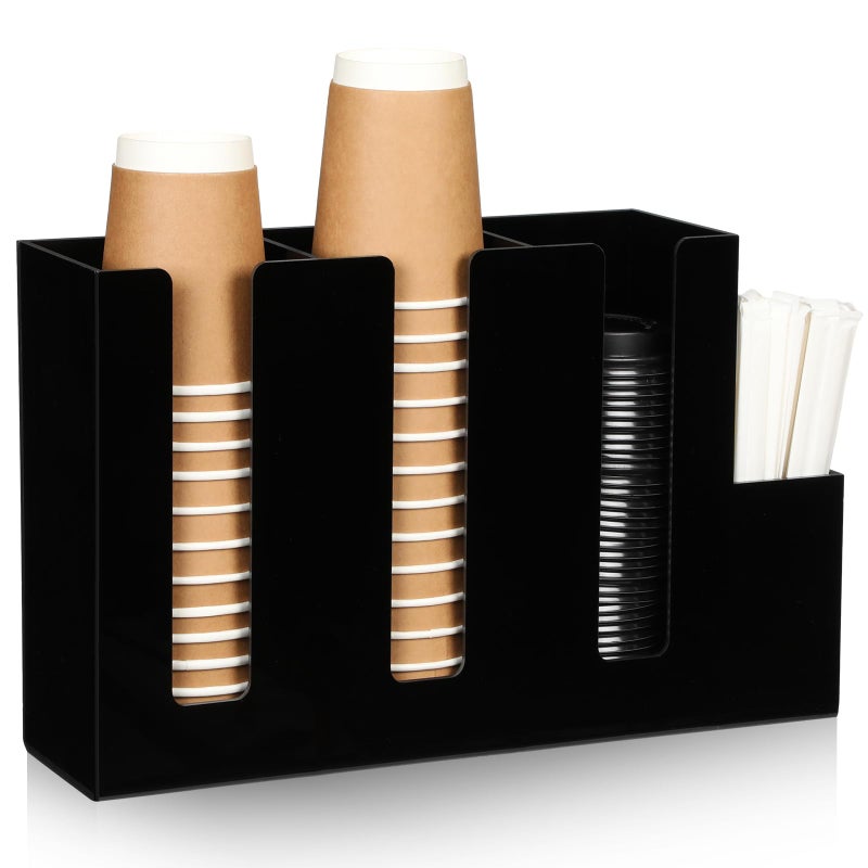 4 Compartments Acrylic Coffee Cup and Lid Storage Organizer Holder Disposable Paper Cup Dispenser Organizer Plastic Lid Holder Accessories for Kitchen Bar Shop Party SuppliesBlack