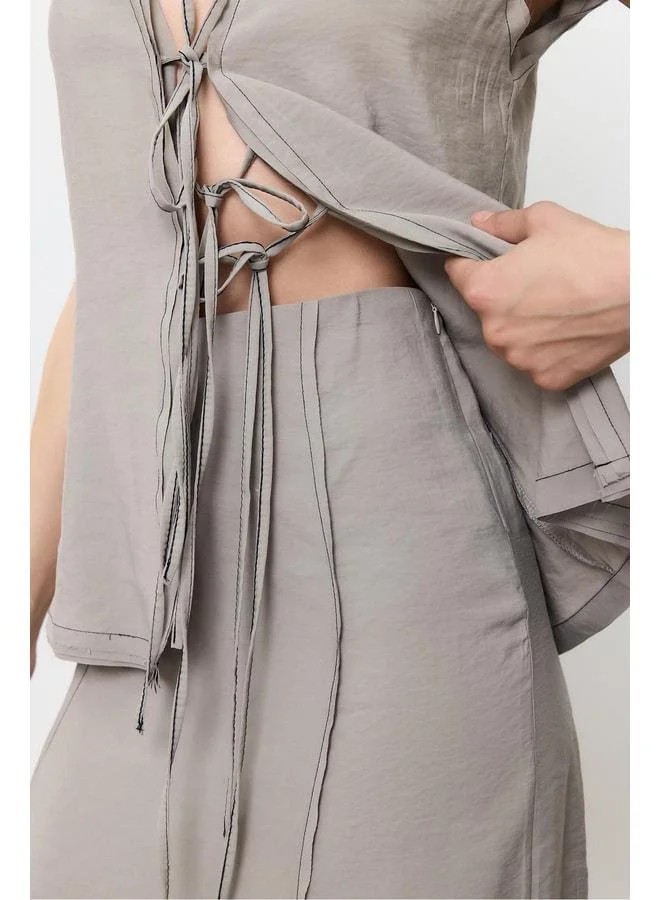 Sherin Gray Detailed Stitch Midi Skirt