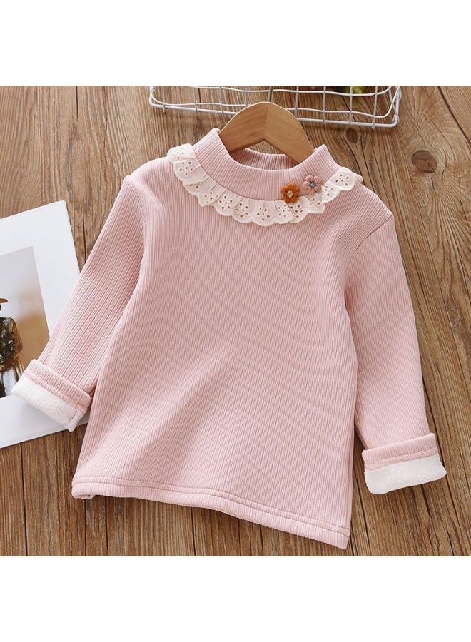 Girls' Winter Base Shirt Children's Fleece-lined Mock Collar Lace Warm Top Girls' Jacquard Knitted T-shirt