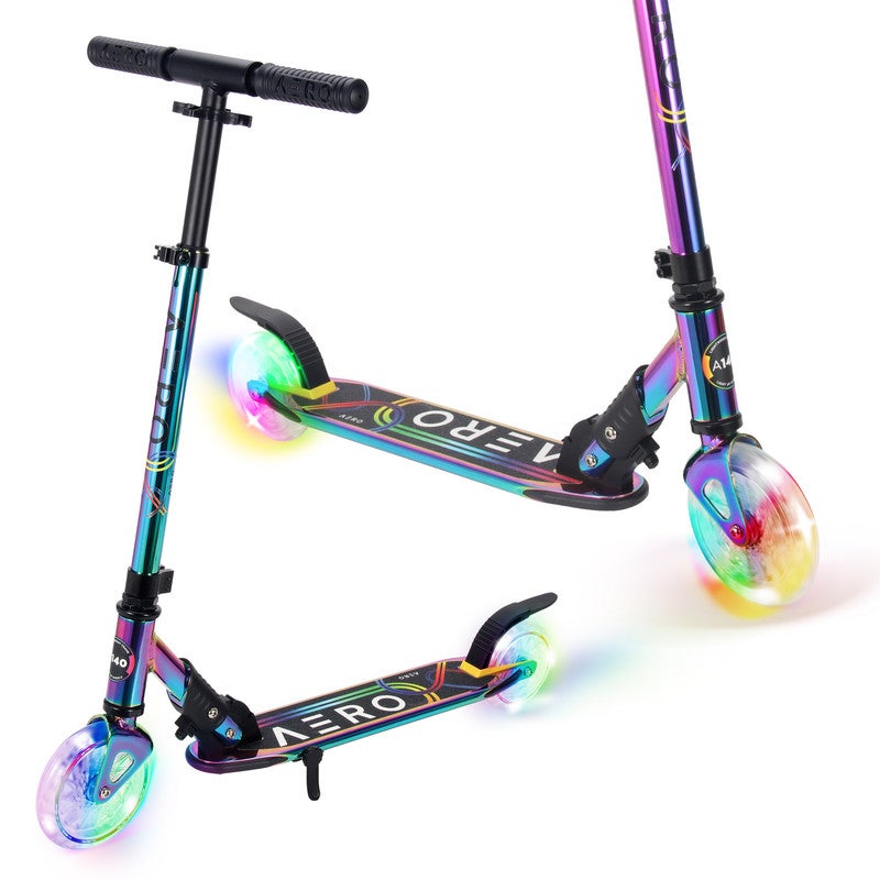 AERO MOBILITY Aero 2 Wheel Kick Scooter for Kids Ages 6-12 with Dynamic Lights, Scooters for Boys and Girls with Light up Wheels and Deck - Chrome - Image 1
