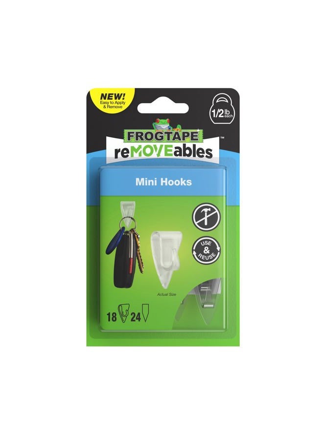 FrogTape reMOVEables Mini Adhesive Hooks for Hanging - Indoor Clips for Lights, Keys, Wires, Holiday Decor - No Damage - Removable & Reusable - 18 Hooks & 24 Adhesive Strips - Clear (Pack of 18) - Image 1