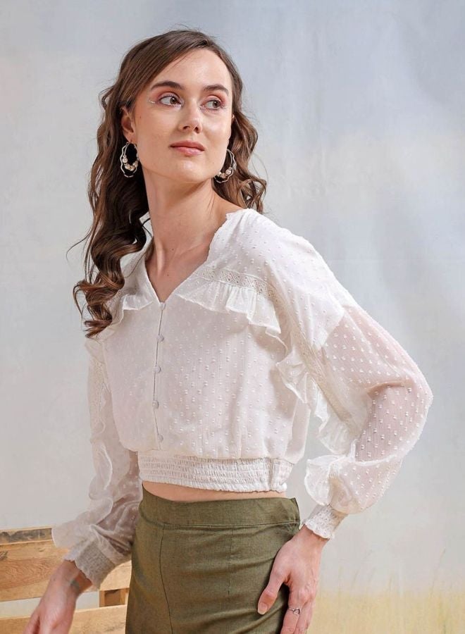 Freehand Women Regular Fit Textured V-Neck Long Sleeve Ruffled Top - Image 3