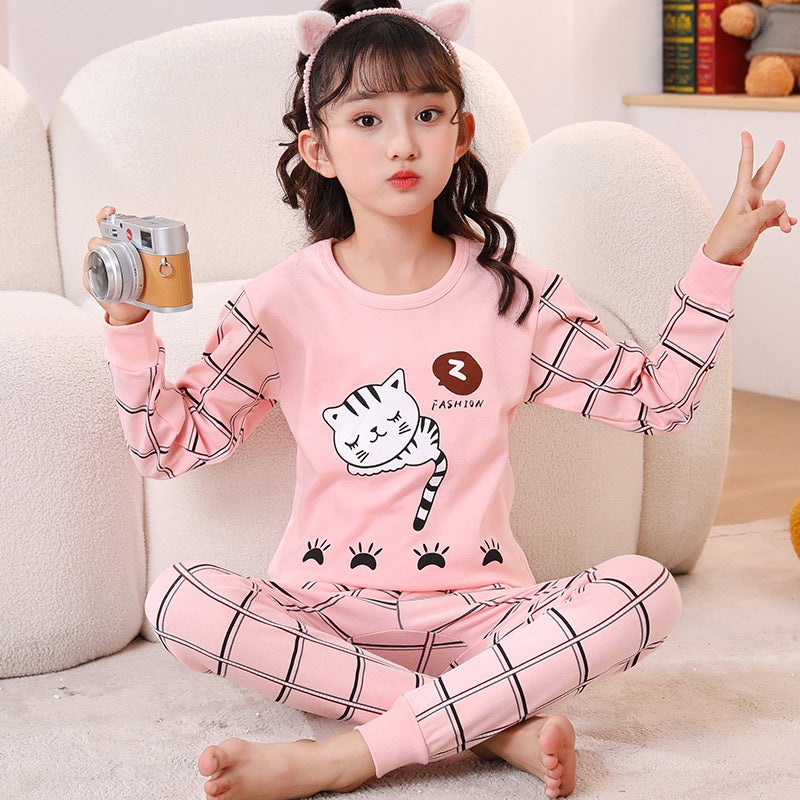 Cartoon Printed 24 Children'S Thermal Underwear New Cotton Boys And Girls Home Clothes Two-Piece Set - Image 1