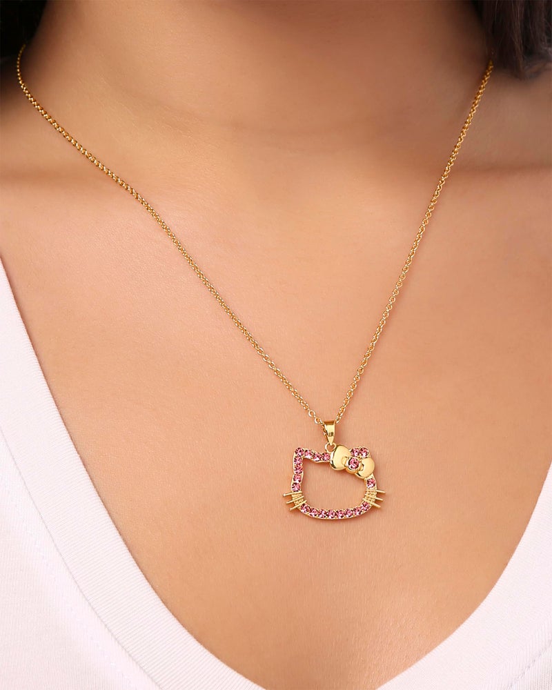 SALLY ROSE Hello Kitty Pink Crystal Necklace for Women Official License, 18" 18k Gold Flash-Plated Hello Kitty Pendant Necklace - Image 2