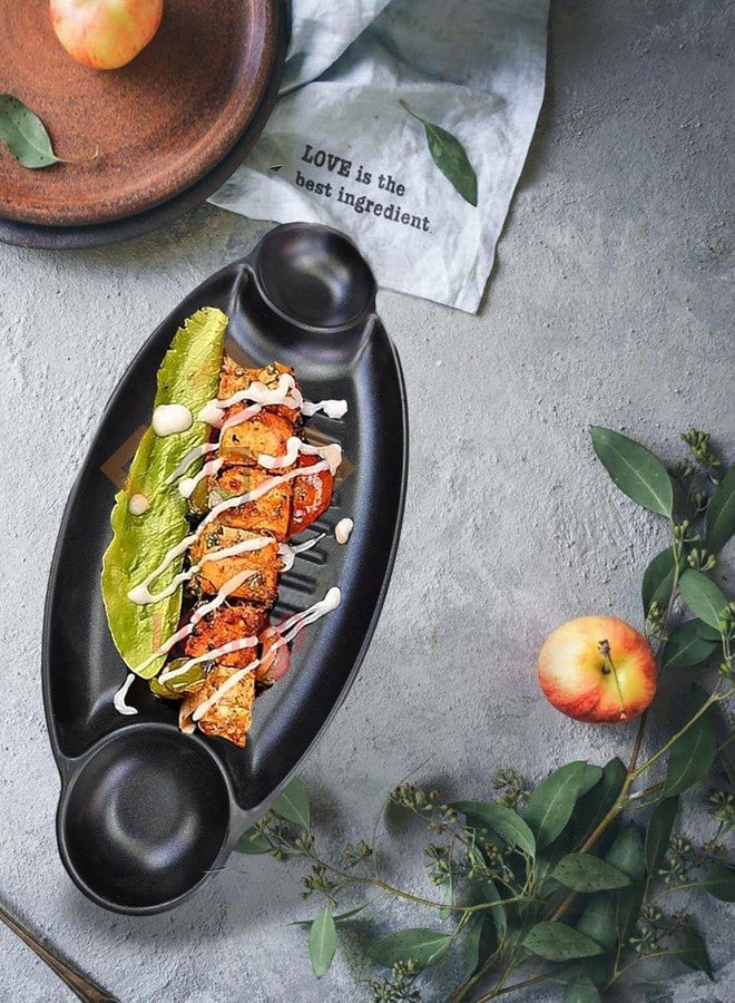 فوركلز طبق تقديم من الميلامين من فوركلز مع طبقين للتغميس | صينية شواء مستطيلة للتكا، والموموس، والبطاطس المقلية، والوجبات الخفيفة | طبق تقديم أسود متين (قطعة واحدة) - Image 2