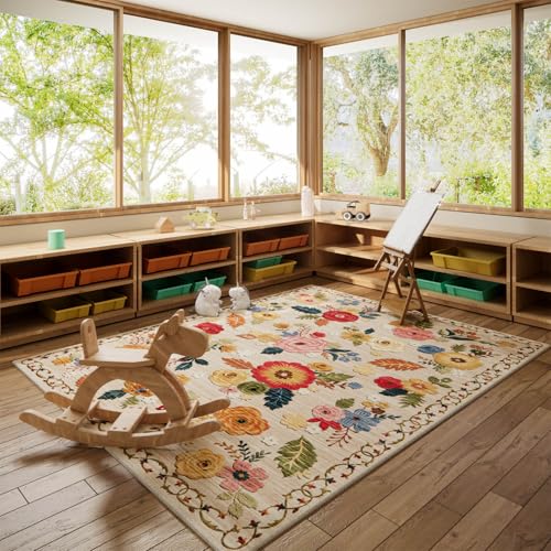 palohom Machine Washable Area Rugs for Bedroom: 5'x7' Living Room Rug Floral Vintage Large Rug Stain Resistant Non Slip Low Pile Faux Wool Soft Rugs for Dining Room Bedside Kitchen Entryway Nursery Office - Image 3