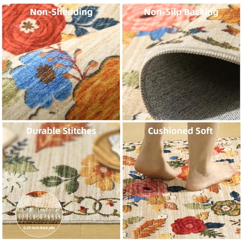 palohom Machine Washable Area Rugs for Bedroom: 5'x7' Living Room Rug Floral Vintage Large Rug Stain Resistant Non Slip Low Pile Faux Wool Soft Rugs for Dining Room Bedside Kitchen Entryway Nursery Office - Image 4