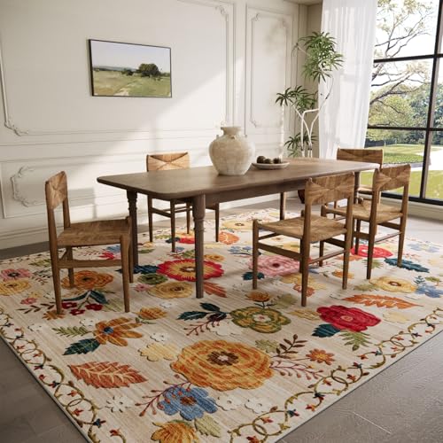 palohom Machine Washable Area Rugs for Bedroom: 5'x7' Living Room Rug Floral Vintage Large Rug Stain Resistant Non Slip Low Pile Faux Wool Soft Rugs for Dining Room Bedside Kitchen Entryway Nursery Office - Image 2