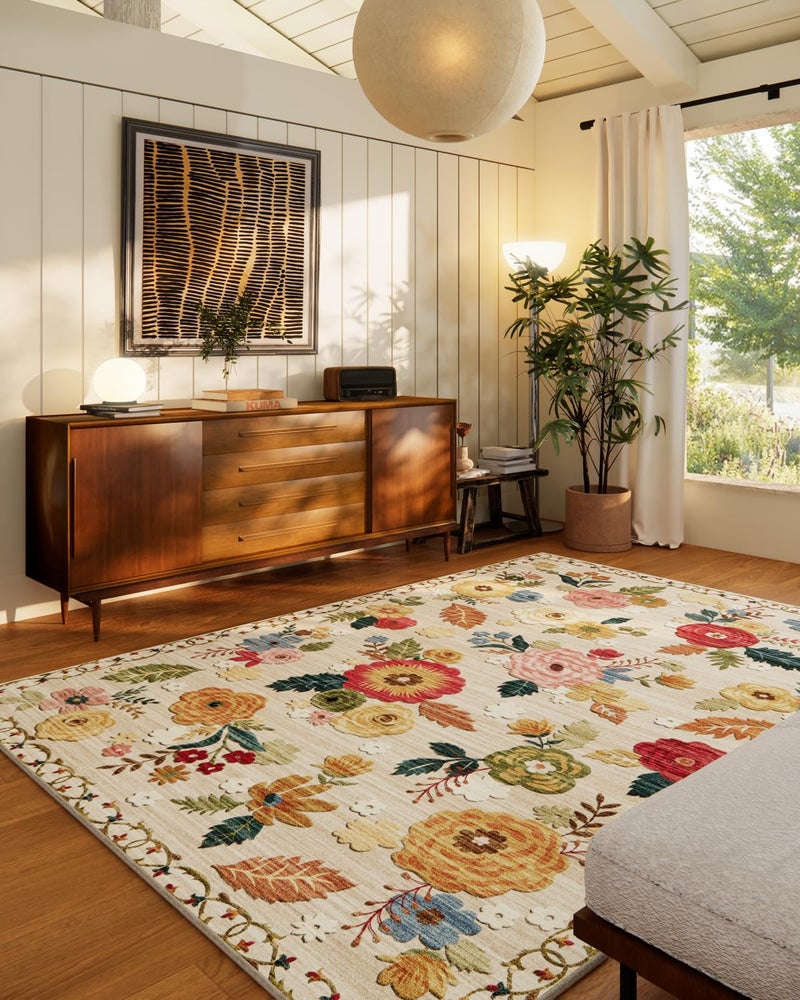 palohom Machine Washable Area Rugs for Bedroom: 5'x7' Living Room Rug Floral Vintage Large Rug Stain Resistant Non Slip Low Pile Faux Wool Soft Rugs for Dining Room Bedside Kitchen Entryway Nursery Office - Image 1