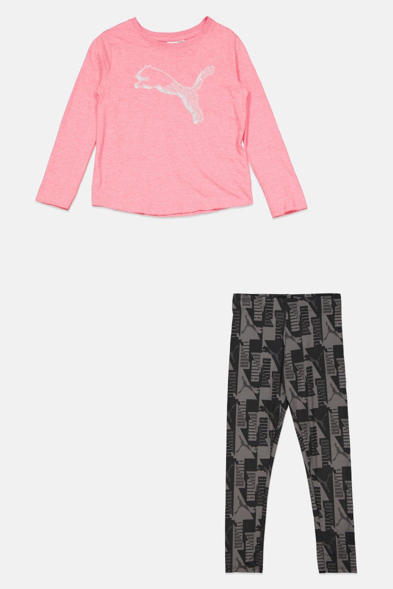 PUMA ملابس رياضية للبنات للأطفال مجموعة من 2 قطعة بشعار العلامة التجارية، وردي - Image 1