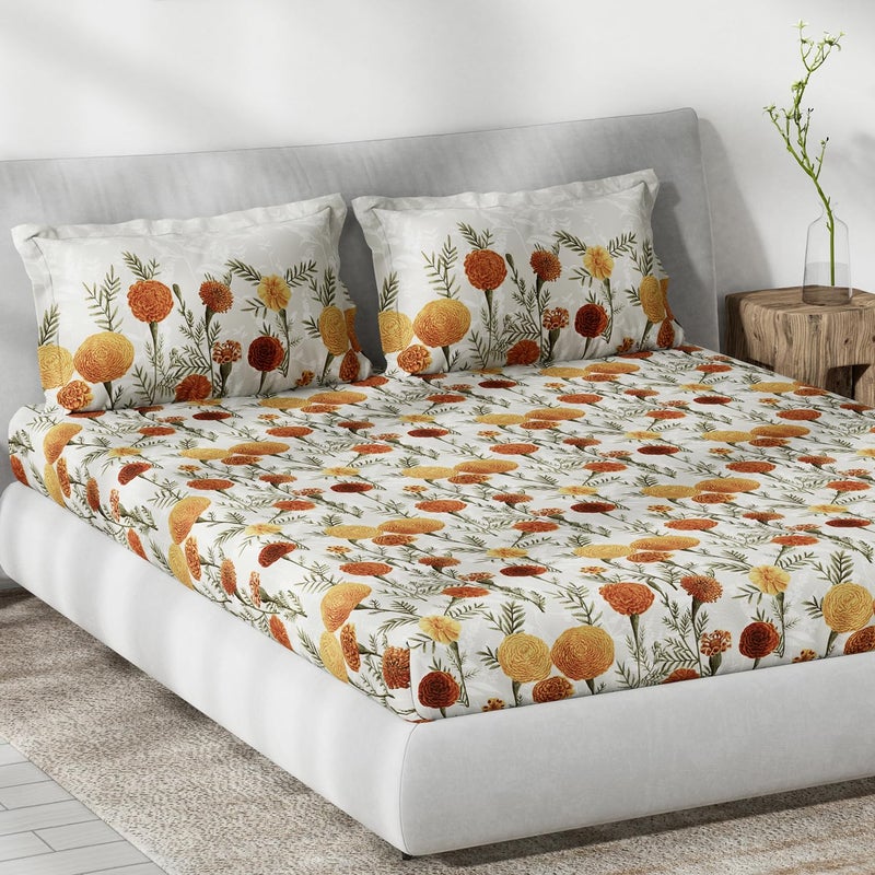 DDECOR Live beautiful DDECOR Live beautiful Cotton Floral 145 TC King Fitted Bedsheet with 2 Pillow Covers - Orangebu  - Image 2