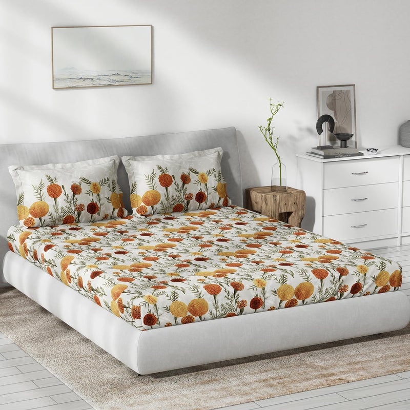 DDECOR Live beautiful DDECOR Live beautiful Cotton Floral 145 TC King Fitted Bedsheet with 2 Pillow Covers - Orangebu  - Image 1
