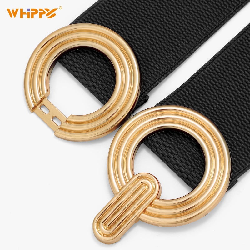 WHIPPY Women Wide Elastic Waist Belt Fashion Hollow Out Round Gold Buckle Stretchy Belt Waistband for Ladies, Black, XL - Image 2