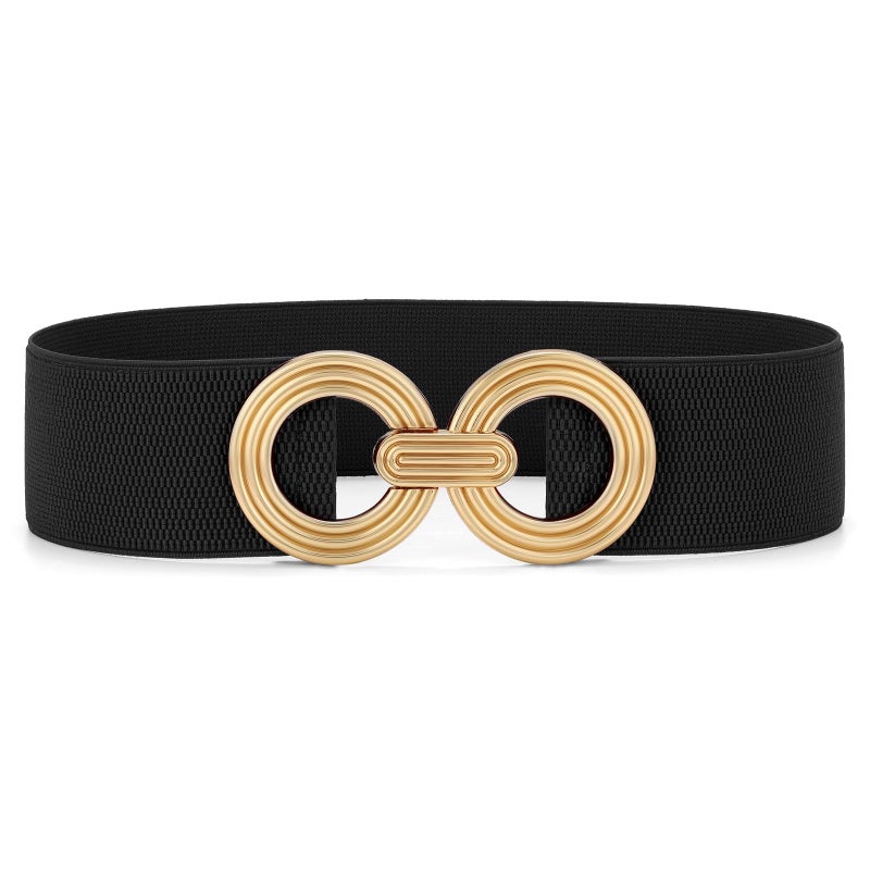 WHIPPY Women Wide Elastic Waist Belt Fashion Hollow Out Round Gold Buckle Stretchy Belt Waistband for Ladies, Black, XL - Image 1