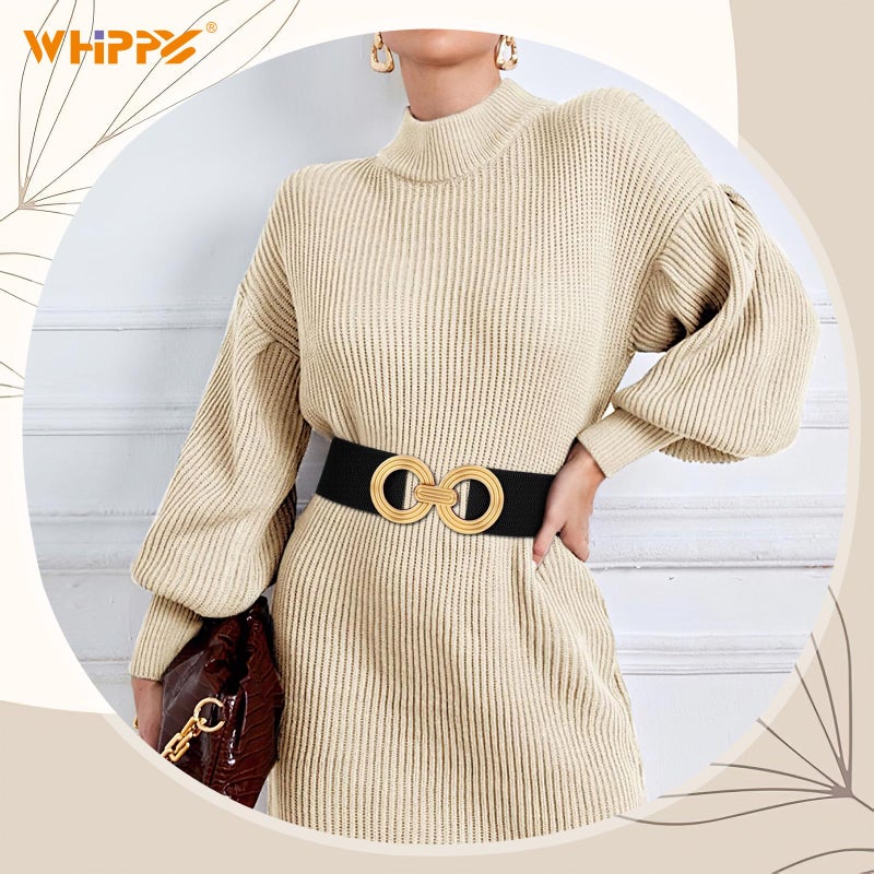WHIPPY Women Wide Elastic Waist Belt Fashion Hollow Out Round Gold Buckle Stretchy Belt Waistband for Ladies, Black, XL - Image 3