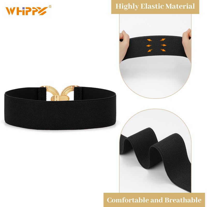 WHIPPY Women Wide Elastic Waist Belt Fashion Hollow Out Round Gold Buckle Stretchy Belt Waistband for Ladies, Black, XL - Image 4