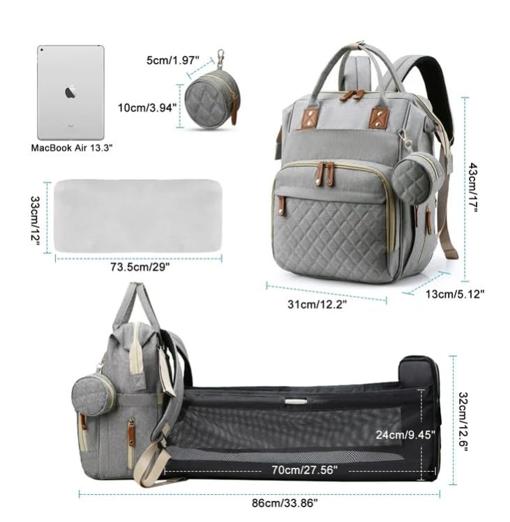 Winnies Diaper Bag with Changing Station & Foldable Bassinet Diaper Backpack for Mom Travel Waterproof with Insulated Bottle Pockets Newborn Baby Bag for Hospital Bag for Delivery Women (Blue) - Image 2