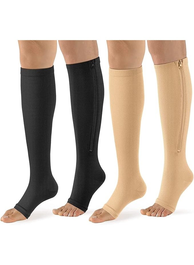 VIUAUAX 2 Pair Zipper Compression Socks for Men and Women, Open Toe Compression Stockings for Wide Calf Leg Support, Sport Socks for Walking Running XL - Image 1