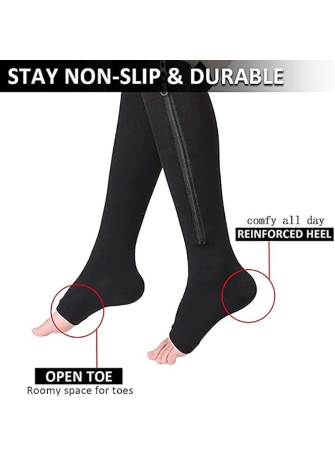 VIUAUAX 2 Pair Zipper Compression Socks for Men and Women, Open Toe Compression Stockings for Wide Calf Leg Support, Sport Socks for Walking Running XL - Image 2