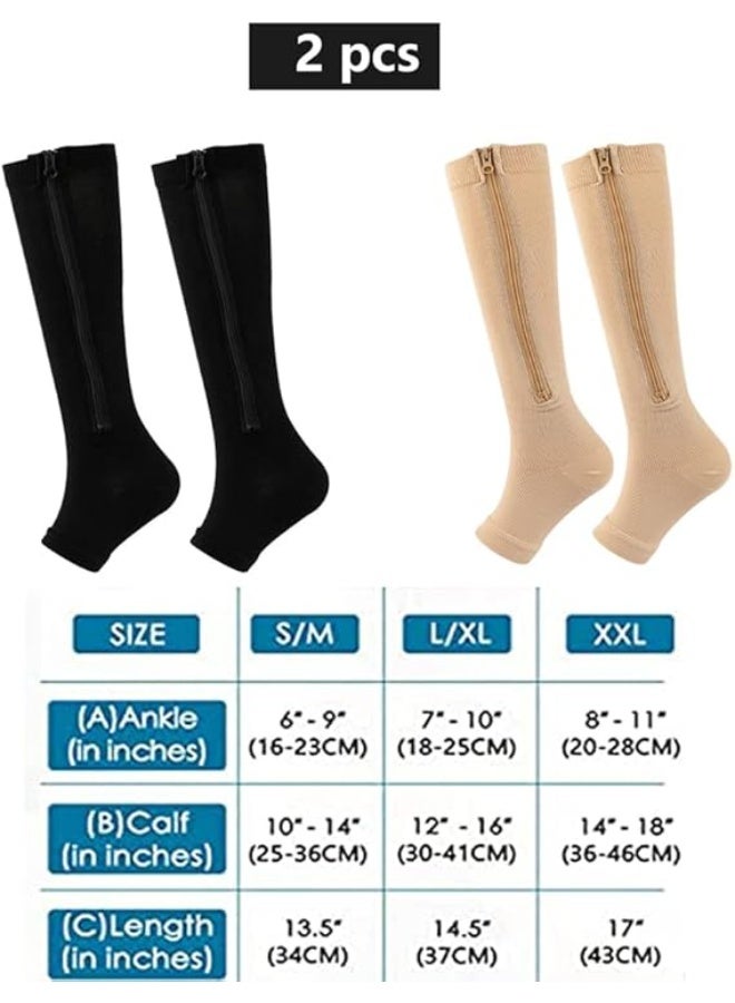 VIUAUAX 2 Pair Zipper Compression Socks for Men and Women, Open Toe Compression Stockings for Wide Calf Leg Support, Sport Socks for Walking Running XL - Image 5